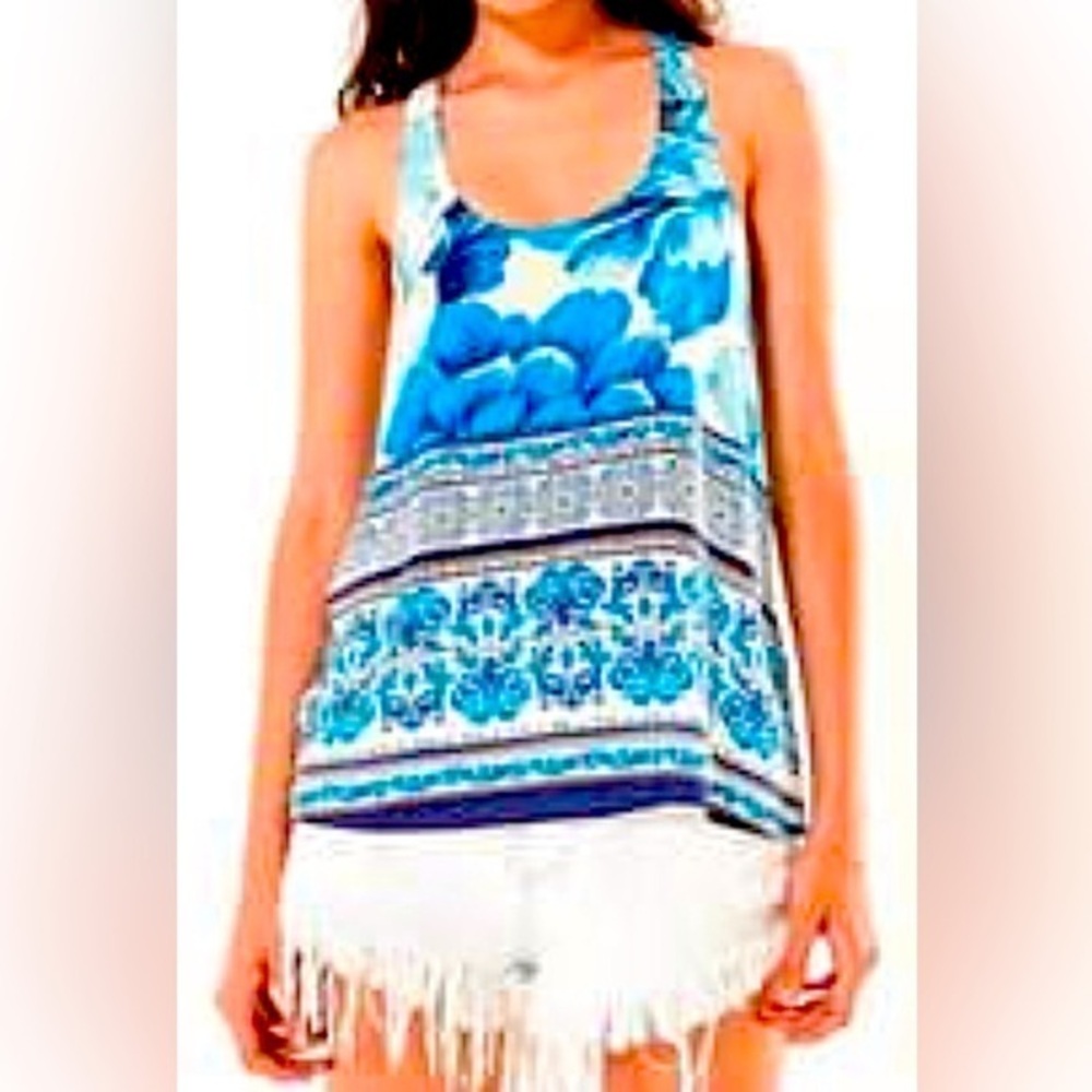 Farm Rio Blue bohemian floral blouse tank boho oversized xs flower